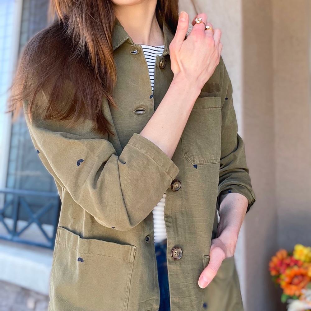MARINE LAYER NWOT Chore Coat Organic Cotton Olive Embroidered Trucker Jacket